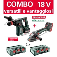 COMBO METABO 1 x 5,2 Ah + 1 x 5.5 Ah LiHD 18V QUICK BRUSHLESS (MARTELLO PERFORATORE COMBINATO + SMERIGLIATRICE ANGOLARE)   